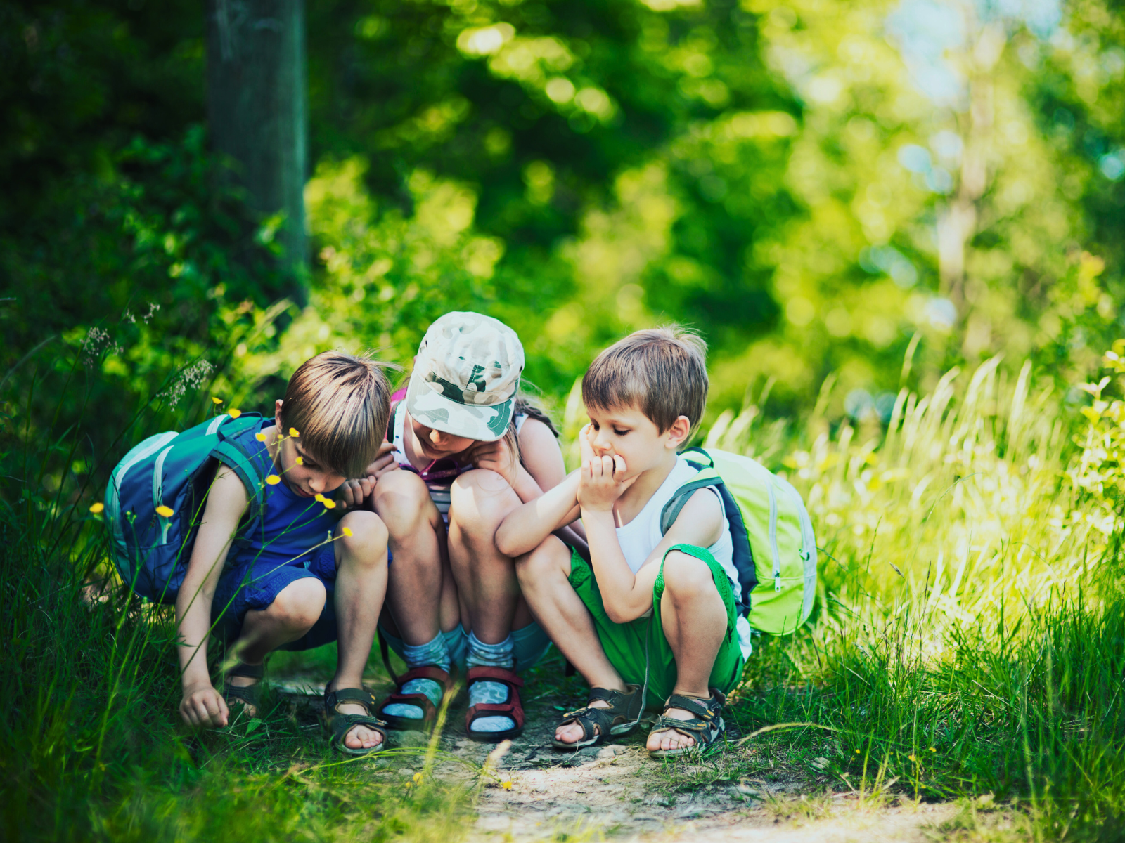 3 kids crouched down looking at something in nature