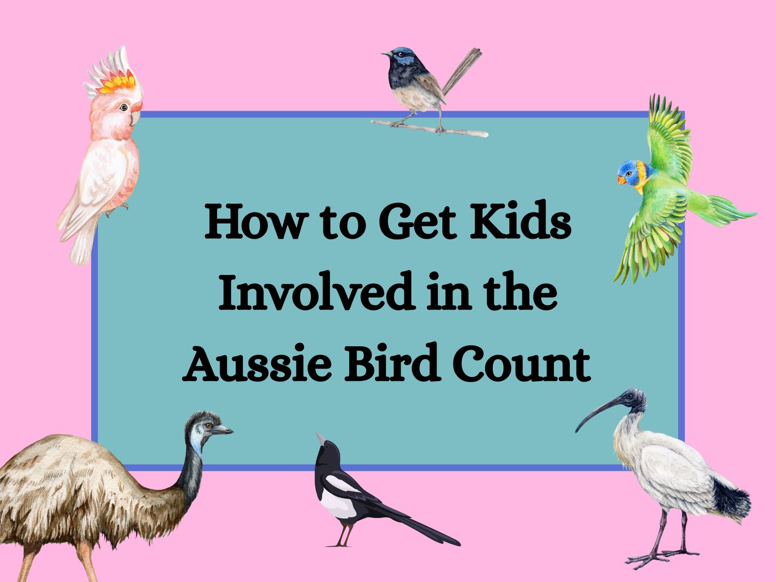 Aussie birds like the emu, magpie and ibis overlaid on a colourful background with the title how to get kids involved in the Aussie Bird Count